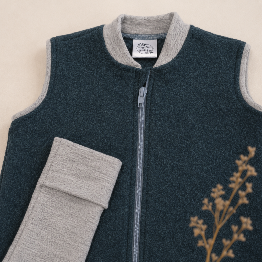 Schlafsack mit Füßen aus Merinowolle-Wollfleece in Farbe Petrol,Detail