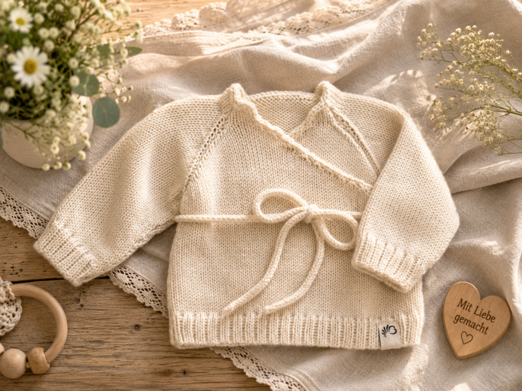 Wickelpullover für Babies aus Merinowolle, gestrickt