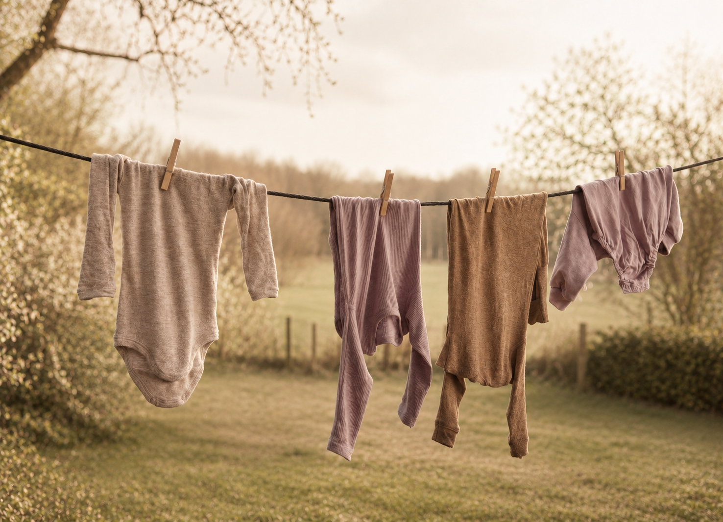 Babykleidung aus Merinowolle auf Wäscheleine