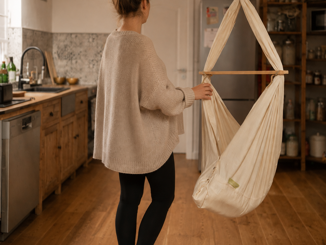 Vorfreude auf das Elternwerden – schwangere Frau neben einer Babyhängematte in einem warmen, minimalistischen Zuhause.